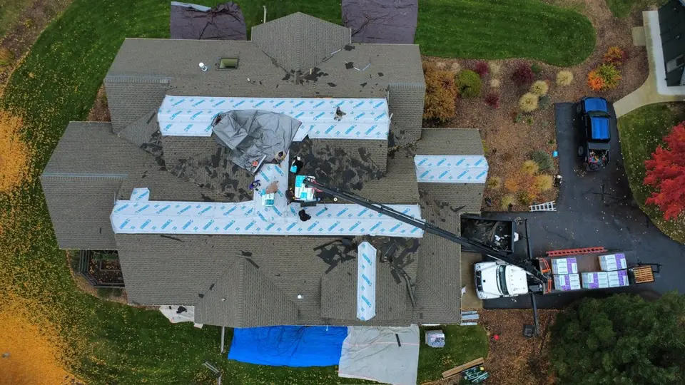 Drone aerial of a completed roof on a rural Montana property