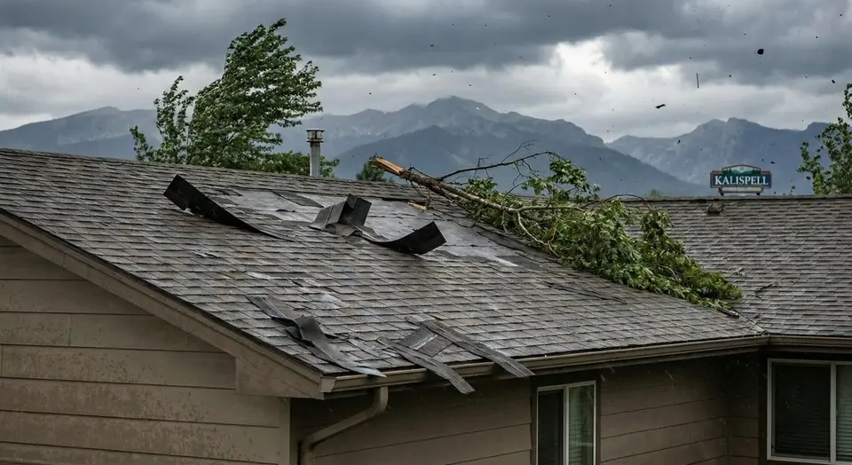 Close-up of storm-damaged asphalt shingles on a Flathead Valley home
