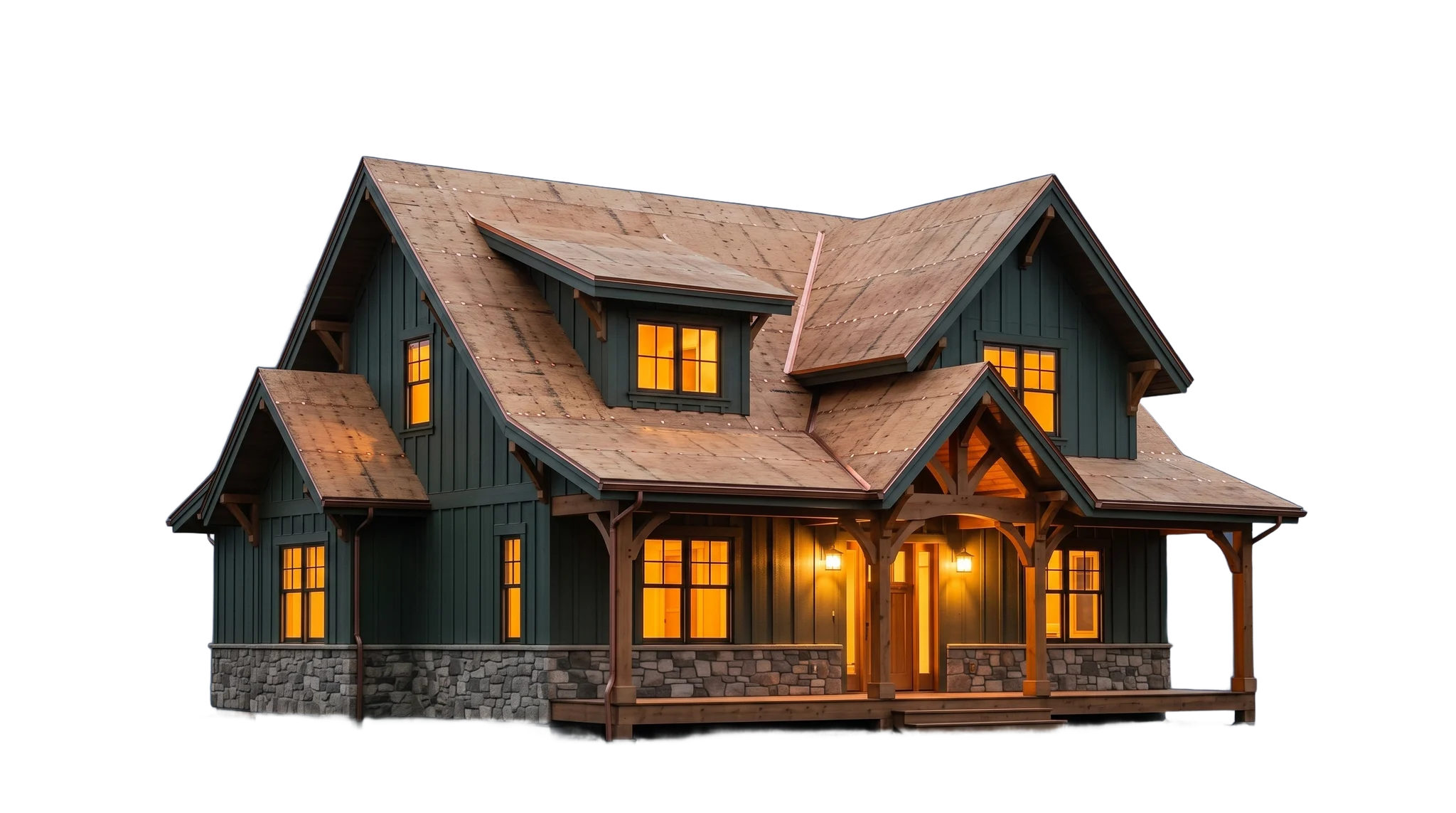 The same craftsman home with its roof stripped to bare decking
