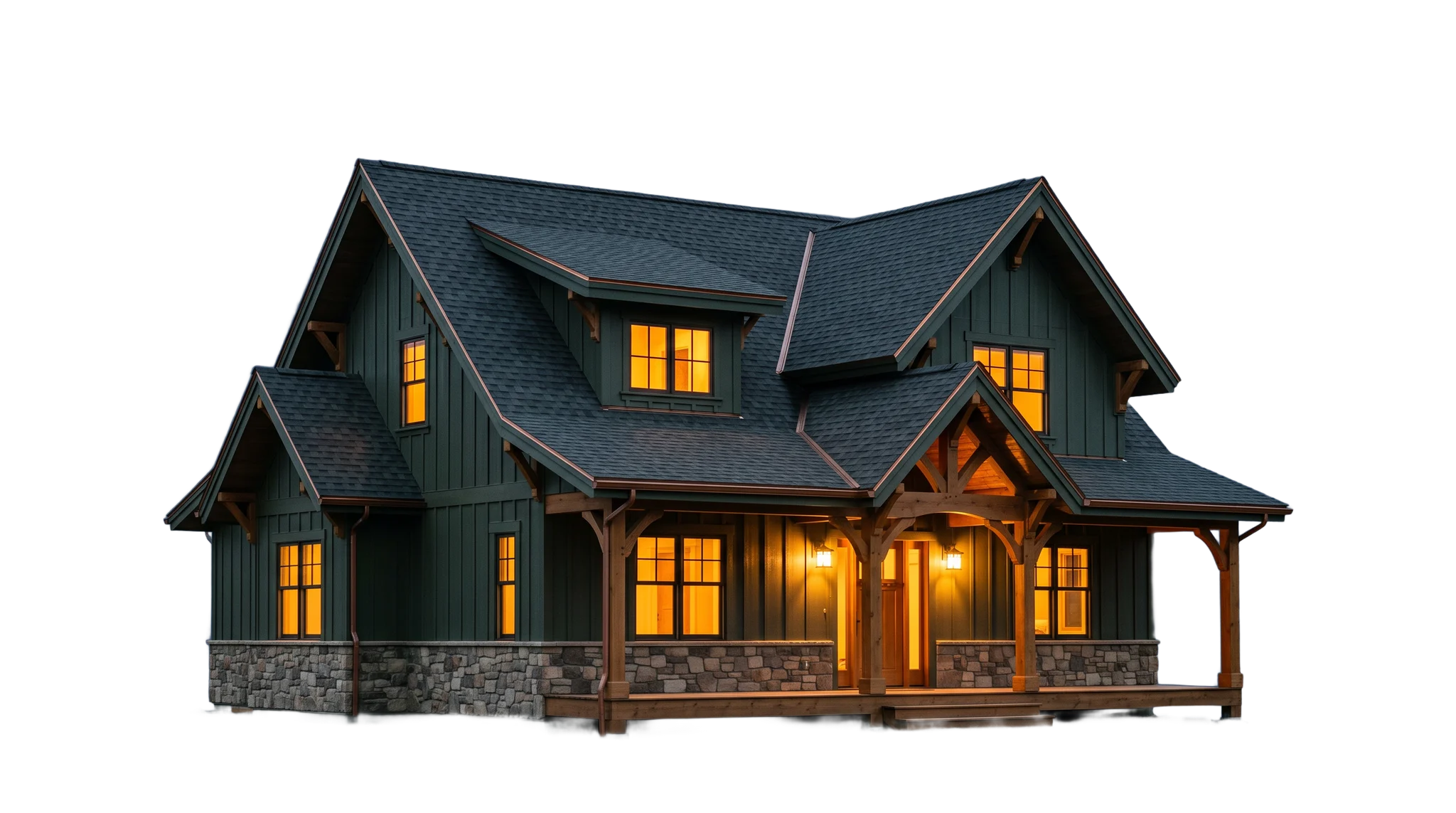 Craftsman mountain home with a dark architectural shingle roof, windows lit at dusk